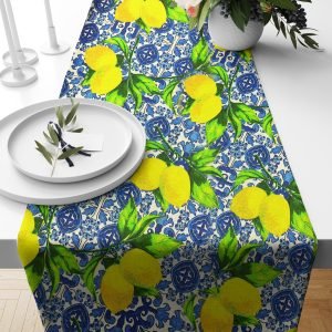 Ptextil - Текстилни продукти гръцки лимони на син фон, тишлайфер, дизайн